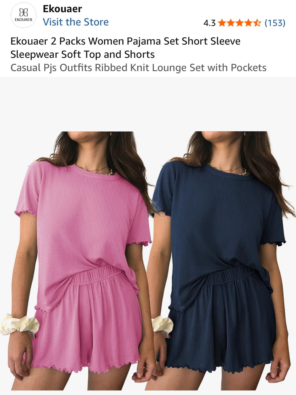 Women's Ribbed Short Sleeve Pajama Set - Pink & Navy